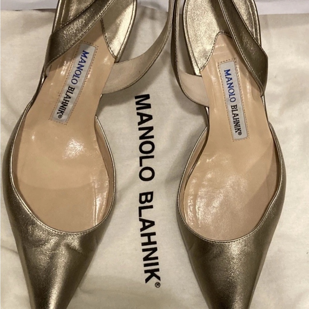Manolo Blahnik Gold Slingback Pointed-Toe Pumps